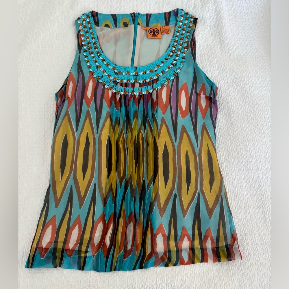 Tory Burch silk sleeveless blouse tank top, lined, peacock colorful, size 8